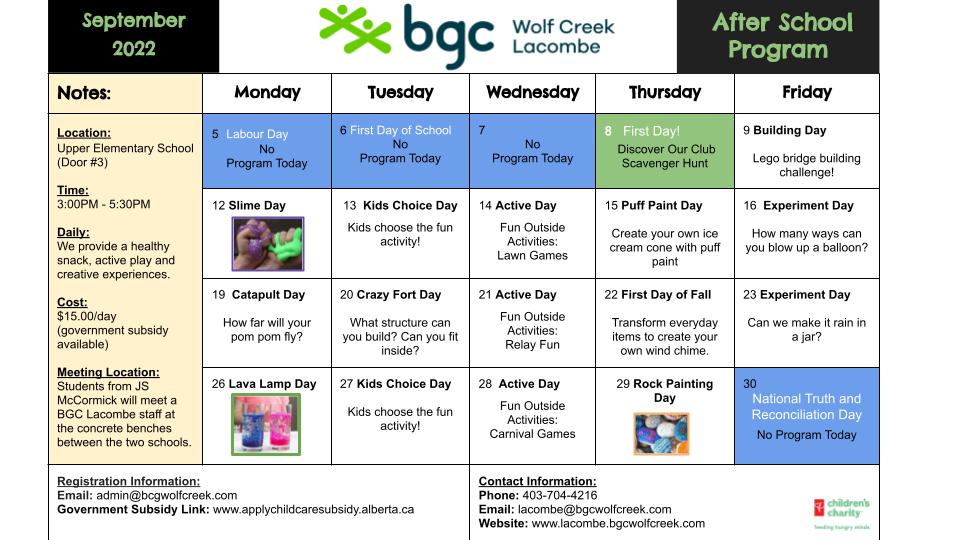 September 2022 Lacombe calendar September Program Calendar