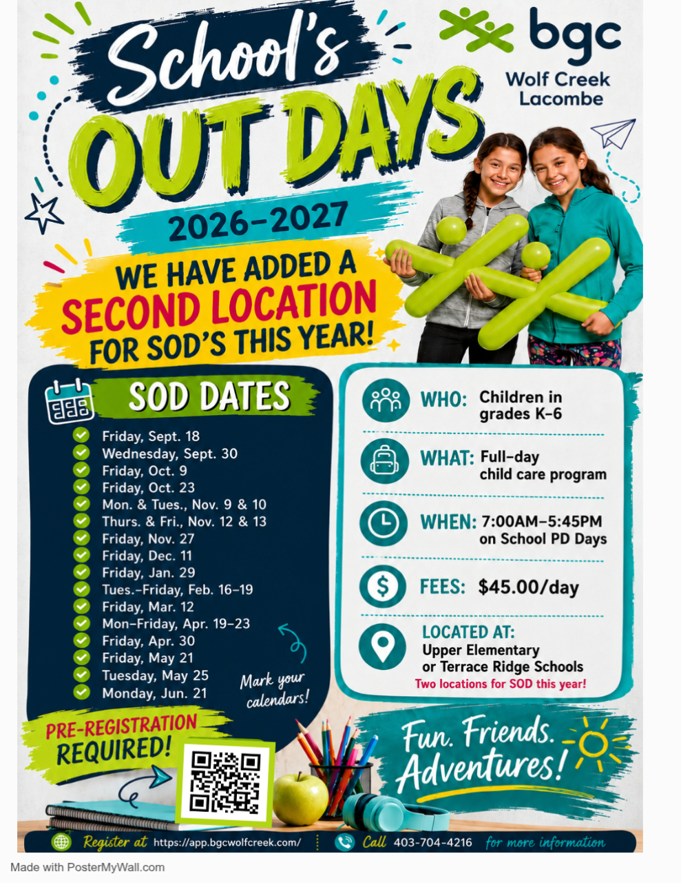 Information for Lacombe BGC Wolf Creek Before School Care and After School Care programs. Starting Sept there will be before school care at the Upper Elementary School location.